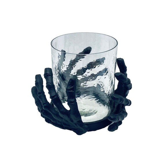 Black Metal Skeleton Hands Around Glass Candle Holder Gothic Halloween Spooky - Picture 3 of 7